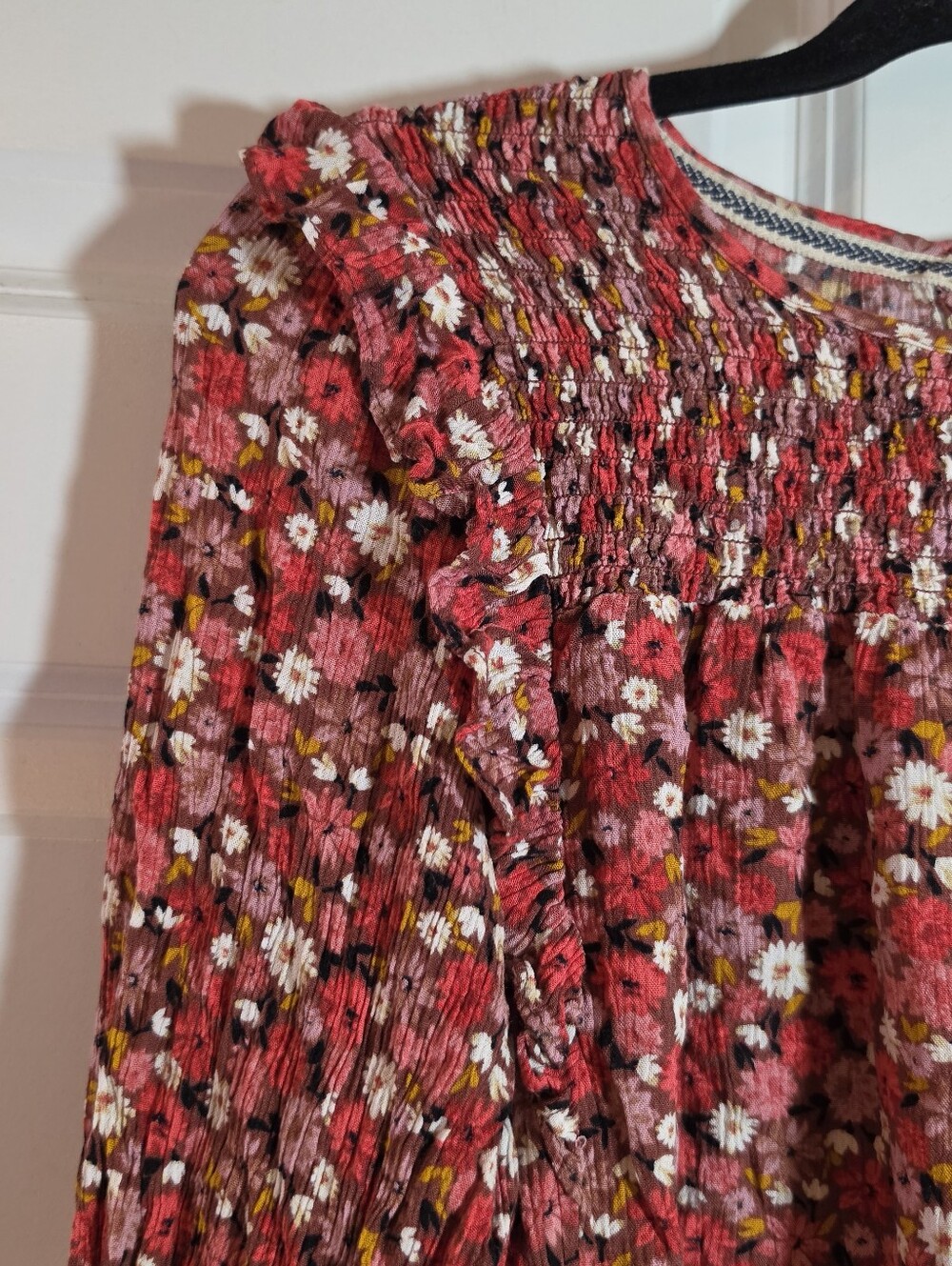 Knox Rose Smocked Long-Sleeve Blouse - Red And Pink Floral M - Picture 3 of 6